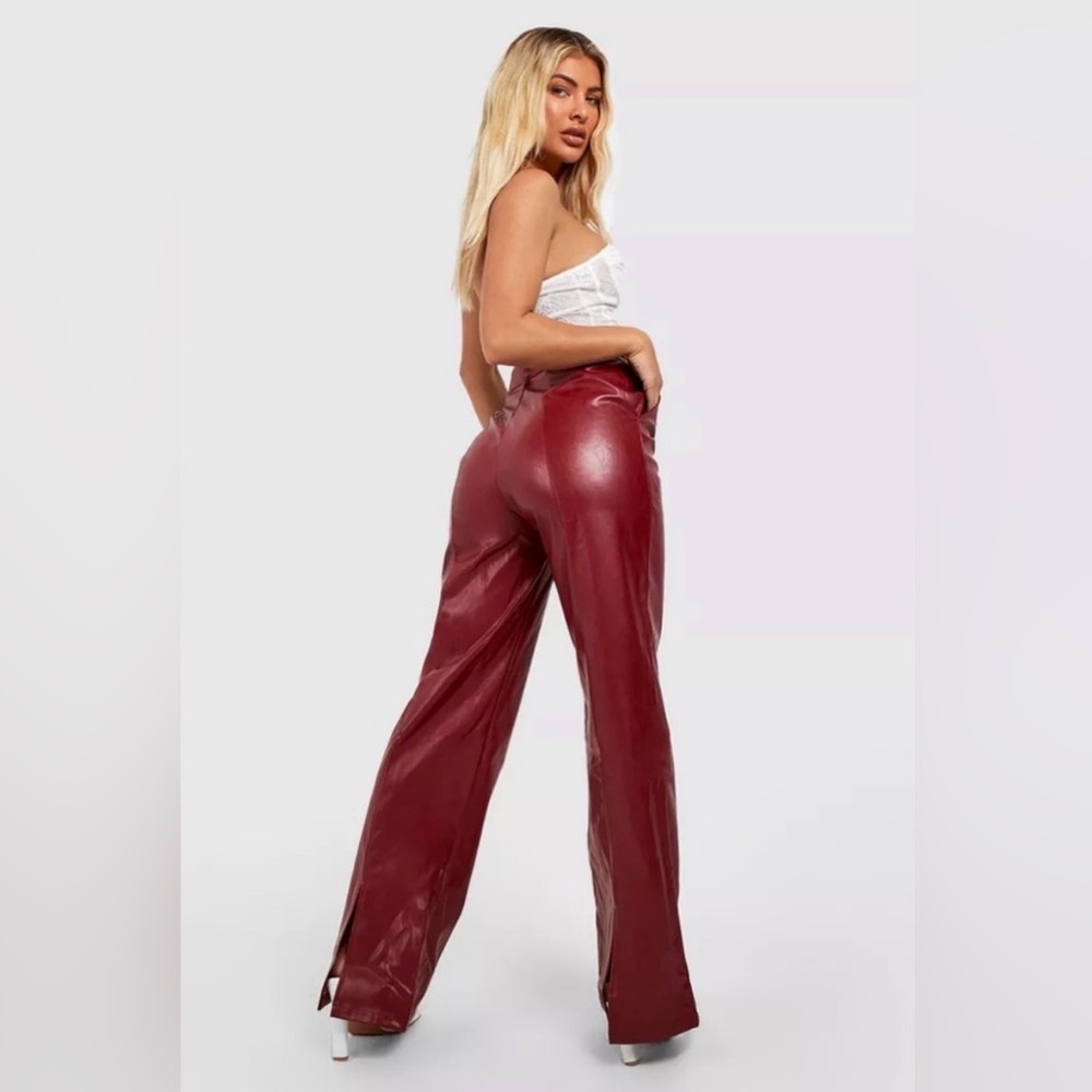Faux Leather Wide Leg Pants Split Hem Red High Rise Trendy NWT Sz 6 - Picture 2 of 5